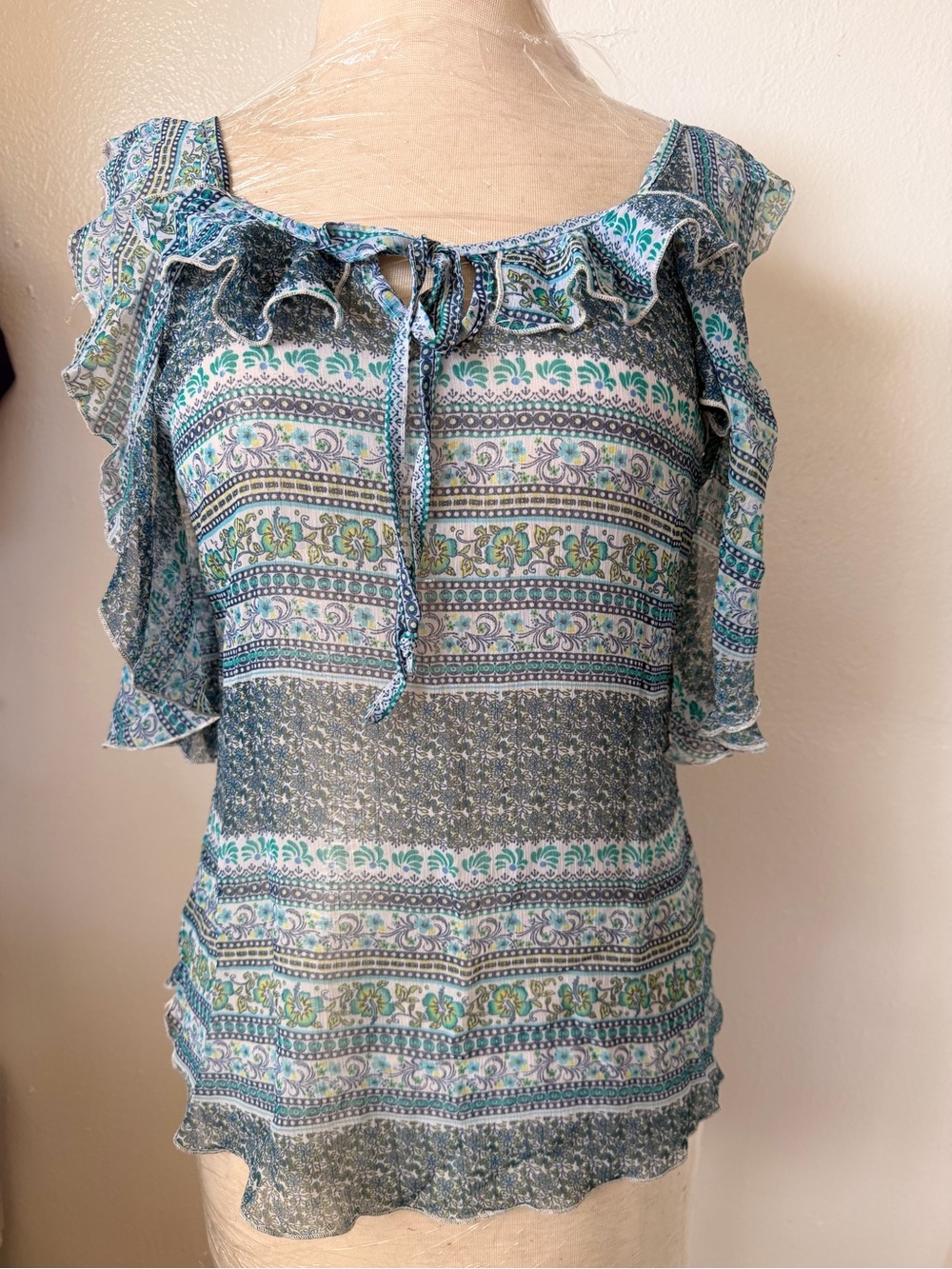 Olsenboye Teal Blue Floral Ruffle Tie-Neck Blouse